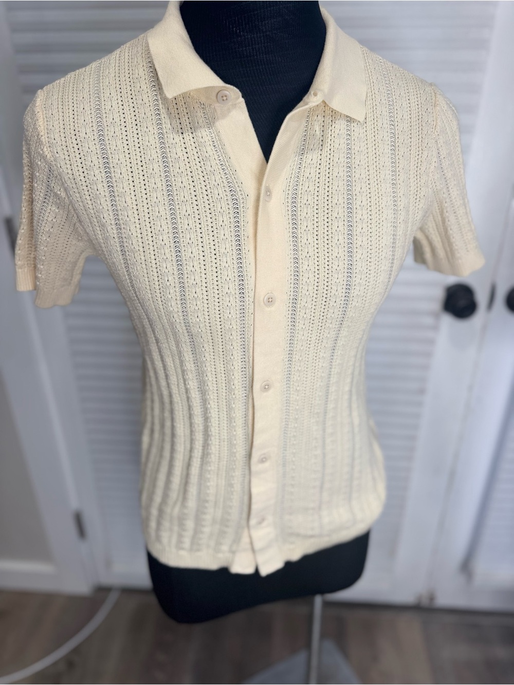 Bonobos Cream Hudson Pointelle Open-Stitch Knit Polo Sweater - Size Small 1141